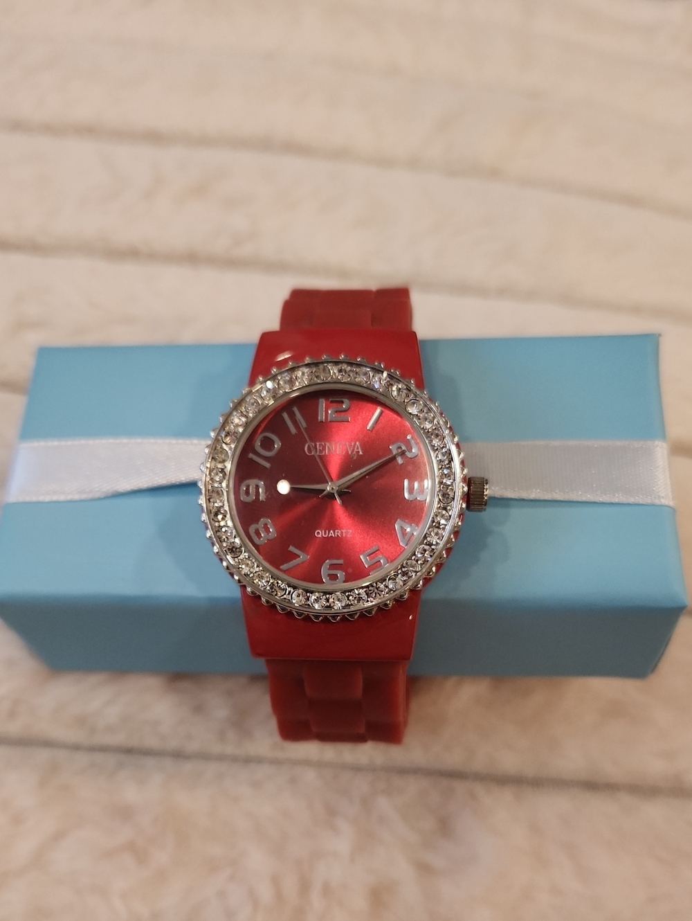 Geneva Red Crystal-Trim Women's Silicone Strap Watch
